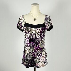 Womens Short Sleeve Square Neck Floral Print Top Purple Black White Size M